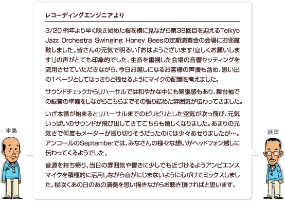 3/20 例年より早く咲き始めた桜を横に見ながら第38回目を迎えるTeikyo Jazz Orchestra Swinging Honey Beesの定期演奏会の会場にお邪魔致しました。皆さんの元気で明るい「おはようございます！宜しくお願いします！」の声がとても印象的でした。生音を重視した会場の音響セッティングを流用させていただきながら、今日お越しになるお客様の声援も含め、思い出の1ページとしてはっきりと残せるようにマイクの配置を考えました。サウンドチェックからリハーサルでは和やかな中にも緊張感もあり、舞台袖での録音の準備をしながらこちらまでその張り詰めた雰囲気が伝わってきました。いざ本番が始まるとリハーサルまでのピリピリとした空気が吹っ飛び、元気いっぱいのサウンドが飛び出してきてこちらも嬉しくなりました。あまりの元気さで何度もメーターが振り切りそうだったのには少々あせりましたが・・・。アンコールのSeptemberでは、みなさんの様々な想いがヘッドフォン越しに伝わってくるようでした。音源を持ち帰り、当日の雰囲気や響きに少しでも近づけるようアンビエンスマイクを積極的に活用しながら音がにじまないように心がけてミックスしました。桜咲くあの日のあの演奏を思い描きながらお聴き頂ければと思います。